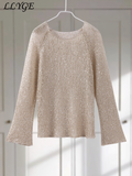 Fashionkova Fashion Women's Sequins Knit Hollow Out Pullovers Loose O-neck Long Sleeve Female Sweaters 2025 Spring Lady Shinny Chic Shirts Outfit Ideas
