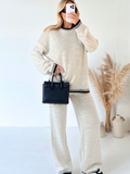 Fashionkova Party Outfit Casual Striped Knitted Set Women Elegant Split Pullover Sweater Elastic High Waist Straight Trousers Lady Outfit Autumn 2024