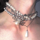 Fashionkova Y2K Jewelry Multi-Layered Pearl Spider Crystal Pendant Necklace Women Korean Fashion Charm Necklace Punk Choker Goth Accessories