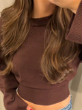 Fashionkova Waist Cinching Short Sweater Ribbed Wide Sleeved Knitwear Round Neck Loose Slimming Knitted Pullover Spring New Women's Clothing ootd outfit idea