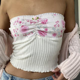 Fashionkova Patchwork Floral Knitted Bandeau Top Fairycore Y2K Floral Lace Trim Strapless Crop Tops 90s Vintage Backless Camis Fairycore Outfit Idea