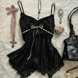 FashionKova-Sweet Y2k Polka Dot Slim-fit lace Trim V-neck halter tops Women's bow asymmetrical chic Camis hot Sweet Chic retro Streetwear