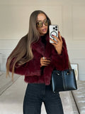 Fashionkova Party Outfit Vintage Red Faux Fox Fur Short Coat For Women Elegant Solid Lapel Long Sleeve Loose Jacket Winter Plush Warm High Street Outwear