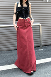 Fashionkova  Party Outfit  Women's Red Split Back Denim Skirt Summer Chic Design Street Style Solid Color Female Straight Floor Length Long Skirts