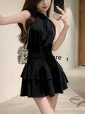 Fashionkova  party look inspos Elegant Satin 2 Piece Dress Set Women 2025 Summer Sleeveless Y2k Crop Tops + Mini Skirt Female Even Party Black Dress Korean