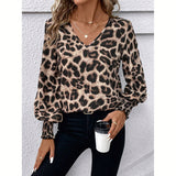 Fashionkova Women's Blouses Autumn Winter Simple Fitting Slim Leopard Long Sleeve V-Neck High Street Blouses Valentine's Day Aesthetic