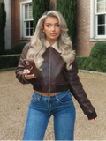 Fashionkova party look inspos Women Fashion Fur Collar Short Leather Jacket Fasion New Loose Warm Long Sleeves Zipper Coat 2025 Female Winter High Streetwear