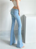 Fashionkova  Party Outfit  Women's Low Waisted Light Blue Fringed Denim Bell Bottom Pants Summer Casual Wide-leg Trousers Female Sexy Skinny Jeans