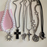 Fashionkova Gothic Black Cross Star Sun Pendant Chain Necklace For Women Men Sliver Color Choker Punk Y2K Charms Grunge Jewelry Accessories