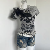 Fashionkova valentine's day aesthetic Gothic Punk T-shirts Harajuku Japanese Skull Letter Print Y2k Hot Girl Sexy Crop Top 90s Aesthetic Grunge Tees Graphic T shirts