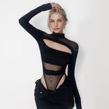 Fashionkova Party Outfit Sexy Hollow Bodysuit Women's Skinny Long Sleeved Perspective Mesh Tops Solid Color Fashion Jumpsuit Bottoming Black Y2k Clothes