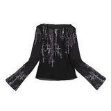 Fashionkova party look inspos 2024 Gothic Goth Black Mesh Tops Women Grunge Aesthetic Off Shoulder Graphic Crop T Shirts See Through Trashy Y2k 2000s Tees