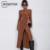 Fashionkova party look inspos Elegant Sexy Women Long Dress Casual Buttons V-neck Full Sleeve High Vent Slim Fit Dresses Fashion Female Outfits Party
