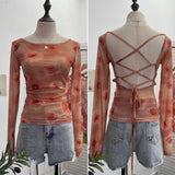 Fashionkova Women Retro Printed Slim See Through Mesh Top With Contrasting Straps Backless Long Sleeve Bottoming Cropped Top Y2K Streetwear