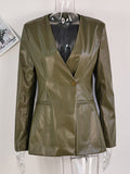 Fashionkova  Nye Outfit Chic V-neck One Button Women's Leather Jackets Fashion Solid Slim Fit Pockets Coats 2025 Lady High Street Outerwears New Spring