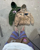 Fashionkova American High Street Fashion Brand Y2k Cartoon Embroidery Oversized Hoodie Men Street Retro Hip-hop Casual Zipper Hoodie  Women