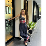 Fashionkova Womens Blue Vintage Suspender Jeans Fashion Pocket Baggy Straight Pants Streetwear Casual Wide Leg Denim Trouser Ladies Autumn