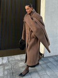 Fashionkova Party Outfit Vintage Hidden Button Long Coats With Scarf Women Casual Solid Lapel Slit Maxi Coats Female Winter Chic Elegant Street Overcoats