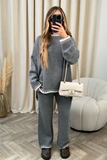 Fashionkova Party Outfit Casual Striped Knitted Set Women Elegant Split Pullover Sweater Elastic High Waist Straight Trousers Lady Outfit Autumn 2024