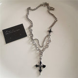 Fashionkova Gothic Trendy Y2K Black Cross Love Heart Pendant Rope Chain Necklace For Women Men Fashion Hip Hop Rave Gift Jewelry Accessories