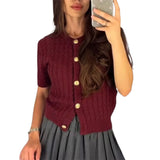 Fashionkova Combhasaki Women's Y2K Chic Cable Knitwear Cardigans Striped Short Sleeve Button-down Round Neck Cropped Slim Fit Sweater Tops Casual Outfit