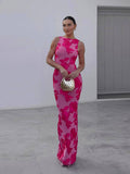 Fashionkova party look inspos Elegant 3D Flower  Long Dress for Women Slim O-neck Sleeveless Backless Hip Package Split Dresses 2024 Summer Mesh Evening Robe