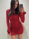 Fashionkova Valentine's Day Aesthetic Trendix Pleated Sexy Red Dress Women's Bodycon Long Sleeve Patchwork Flower Sheath Mini Dresses Party Club Elegant Evening Dress