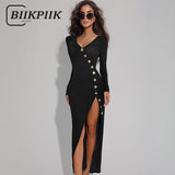 Fashionkova party look inspos Elegant Sexy Women Long Dress Casual Buttons V-neck Full Sleeve High Vent Slim Fit Dresses Fashion Female Outfits Party