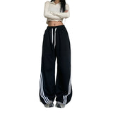 Fashionkova party outfit  Black Striped Sweatpants Women Preppy Style High Waist Loose Casual Trousers Korean Chic Gray Lace Up Streetwear Wide Leg Pants