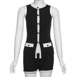 Fashionkova Talenza Women's Spring Shorts Set New Clashing Sleeveless Knit Cardigan Top Slim Shorts Set Casual  Female Shorts Two Piece Set Casual Outfit