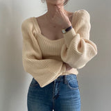 Fashionkova Vintage Square Neck Sweater Puff Sleeve Fitted Knit Jumper Women Pullover Autumn Winter Korean Fashion Outfit Spring Style 2025