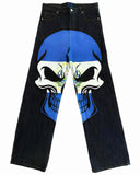 Fashionkova Gothic Retro Y2k Pants Skull Print Jeans Baggy Slouchy Black Denim Jeans Men Women Straight Wide Leg Trousers Hip Hop Streetwear