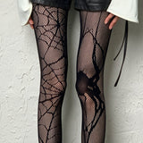 Fashionkova  Nye Outfit Punk Gothic Asymmetric Spiders Fishing Net Stockings Women Sexy Black Halloween Pantyhose Tights Cosplay Club Party Accessories