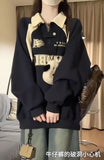 Fashionkova Vintage Letter Print Splice Half Zip Sweatshirt