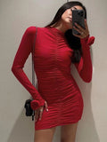 Fashionkova Valentine's Day Aesthetic Trendix Pleated Sexy Red Dress Women's Bodycon Long Sleeve Patchwork Flower Sheath Mini Dresses Party Club Elegant Evening Dress