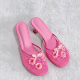 Fashionkova Summer mesh flower beads women slides sexy thin heel sandals ootd outfit idea