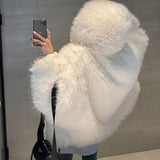 Fashionkova Fashion Hooded Faux Fox Fur Jacket Women Winter Warm Furry Jackets New Streetwear Loose Casual Gray Coats Female Outerwears ootd