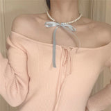 Fashionkova Kpop Goth Lolita Y2K Romantic Pearl Beaded Choker Fashion Pink Black Adjustable Bow Necklace Banquet Wedding Jewelry Accessories