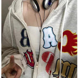 Fashionkova Aesthetic Embroidery Letters Zip Up Hoodie