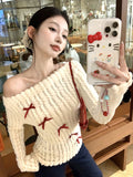 FashionKova-Sweater Bow Pullover Off Shoulder Y2k Korean Style Knit Woman Clothing 2000s Sweet Kawaii Harajuku Long Sleeves Autumn Winter