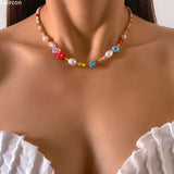 Fashionkova Baroque Simulated Pearls Cute Flowers Colorful Hand-woven Beaded Short Clavicle Chain Choker Necklace For Women Girls Jewelry