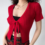 Fashionkova Y2K Long Sleeve Knitted Women Cardigan Sweaters Casual Short Sleeve Solid V Neck Crop Tops Sexy Girl Drawstring Slim Streetwear Spring Style 2025