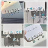 Fashionkova 6Pcs/Set Fashion Blue Crystal Star Cross Zircon Heart Chain Drop Earrings Set Women Y2K Jewelry Scene Accessories Gift Brincos
