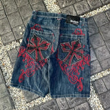 Fashionkova Gothic punk cross graphic print design casual denim short for men 2024 new fashion comfortable versatile casual jorts shorts y2k