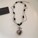 Fashionkova Gothic Y2K Peach Heart Star Cross Pendant Black Beaded Chain Short Choker Necklace For Women Charms Goth Jewelry EMO Accessories