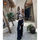 Fashionkova party outfit  Women's Black Gothic Cargo Flare Pants Baggy Vintage Harajuku Y2k 90s Retro Pants High Waist Wide Trouser Emo 2000s Clothes 2024