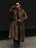 Fashionkova party look inspos Dark Brown Faux Fur Long Overcoat For Women Fashion Lapel Single Breasted Loose Fluffy Plush Warm Coat Winter Thicken Outerwear
