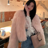 Fashionkova Faux Fur Coat Women Clothing Y2K Autumn New Fashion Casual Imitation Fox Fur Jacket Crop Loose All Match Warm Female Winter Top ootd