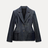 Fashionkova Elegant Solid Denim Women Trouser Suits Lapel Pocket Jacket Strapless Tanks Straight Pants 2025 Spring New Fashion Female Sets