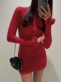 Fashionkova Valentine's Day Aesthetic Trendix Pleated Sexy Red Dress Women's Bodycon Long Sleeve Patchwork Flower Sheath Mini Dresses Party Club Elegant Evening Dress